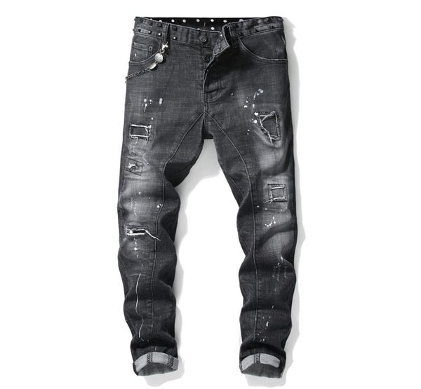 

men039s rivets stitching black jeans trendy streetwear slim stretch denim pants tattered splash paint hole jeans nails beggar p7872669, Blue