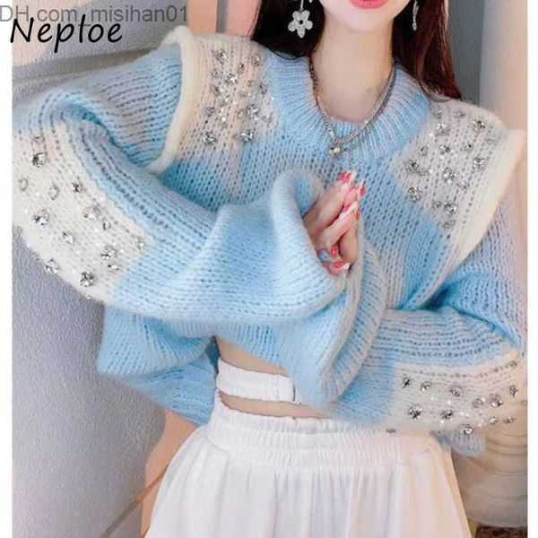 

women's sweaters neoe o-neck contrasting color puff pullover diamond loose casual drstring women's autumn knitted drstring sweater, White;black