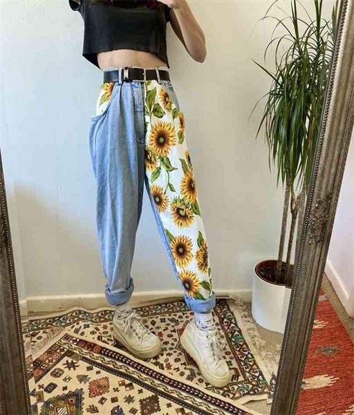 

trend s printed light blue jeans fit women young girls soft denim long pant patchwork harem hight waist jeans 2109226208929