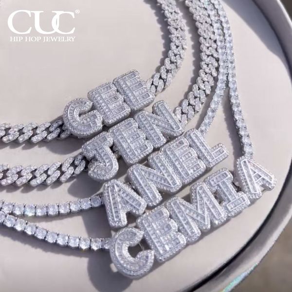 

pendant necklaces cuc custom baguette letter name pendant men women hip hop necklace iced out aaa cubic zirconia chain rapper jewelry for gi, Silver