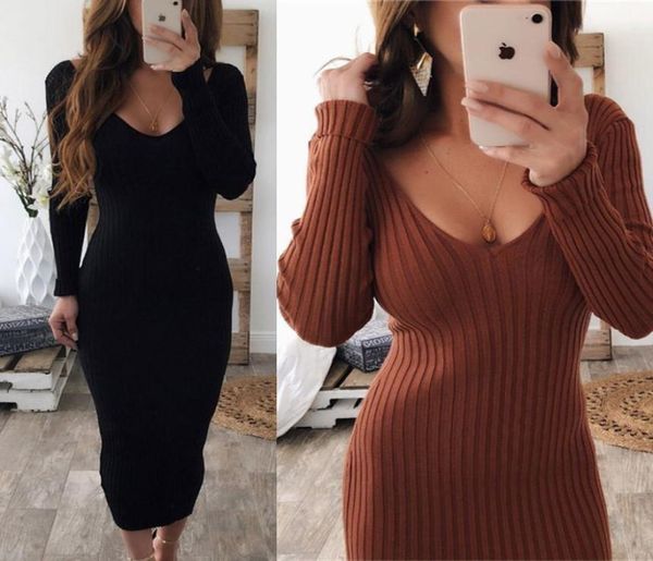 

vneck knitted sweater dress women long sleeve midi bodycon dress black white red stretchy knitted winter vestidos2173864, Black;gray