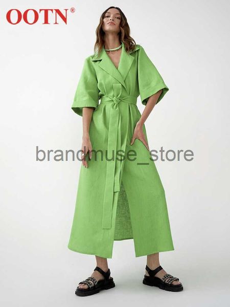 

basic casual dresses ootn elegant cotton linen wrap long dresses women summer belt lace up notched office lady dress split a-line dress robe, Black;gray