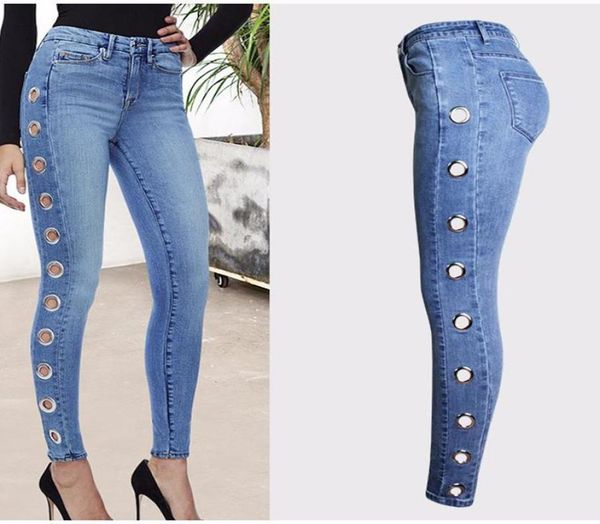 

women039s jeans spring women high waist trousers plus size vintage denim pants skinny bleached cotton pencil side hollow3794046, Blue
