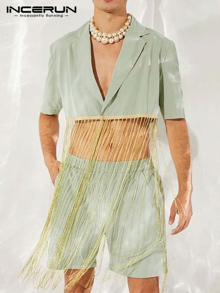 

men's tracksuits fashion men sets tassel patchwork streetwear lapel short sleeve shirt short 2pcs personality men suits s-5xl incerun 7, Gray