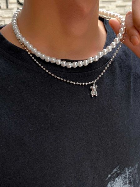 

fashionable and popular men bear charm faux pearl beaded layered necklace for jewelry gift and for a stylish look, Silver