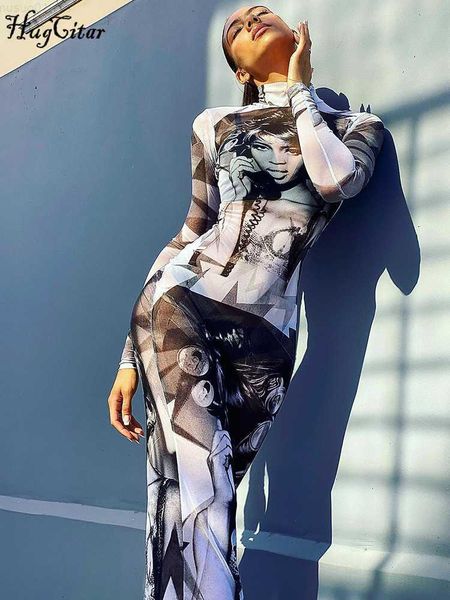 

urban dresses hugcitar mesh print turtleneck long sleeve see through slim midi dress 2023 summer fashion y2k streetwear party clothes l23071, White;black