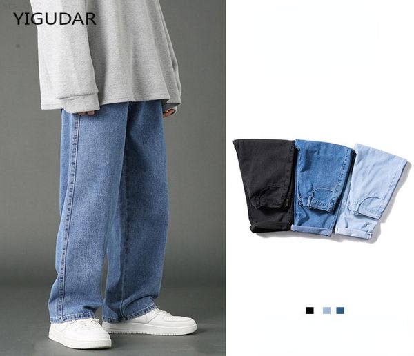 

2021 autumn new streetwear baggy jeans men korean fashion loose straight wide leg pants male brand clothing black light bluet220711420085, Blue
