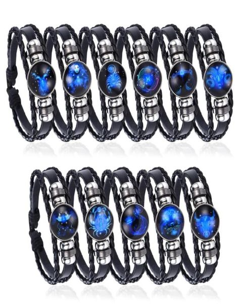 

glowing in the dark 12 constellation leather wrap bracelet punk zodiac braided bracelet for women men gifts7470681, Black