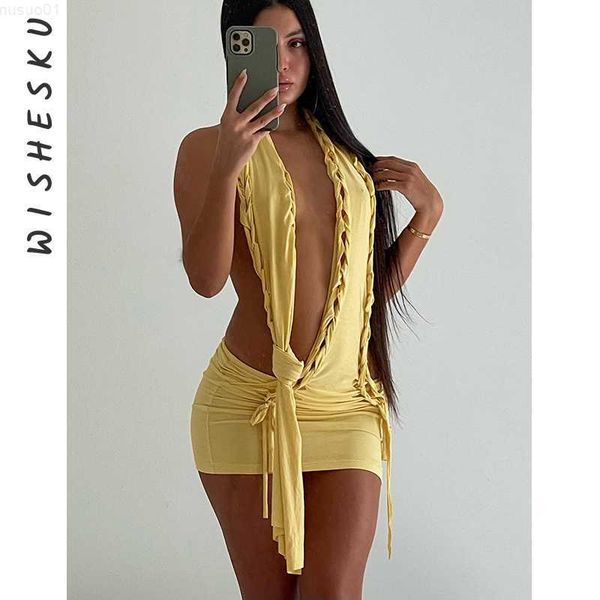 

urban dresses tie up backless halter ruched mini dress women night club outfits 2023 summer holiday beach wear dresses clothes vestidos l230, White;black