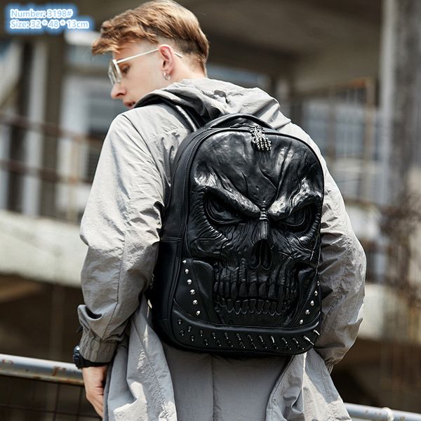 

factory wholesale men brand shoulder bags 3 colors soft embossed leather leisure backpack street popular skull fashion computer bag cool pun