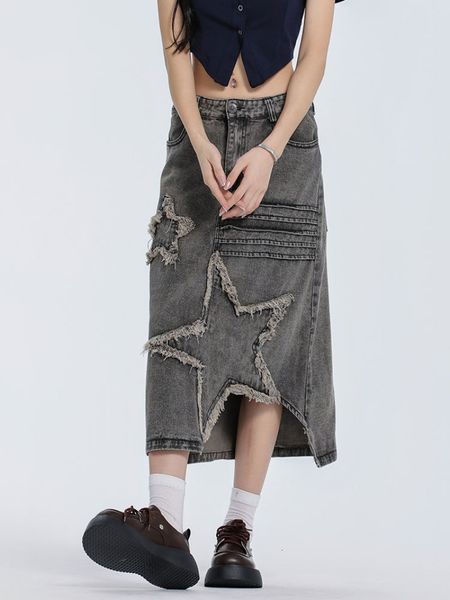 

women s jumpsuits rompers y2k star embroidered denim skirt oversized retro high waisted distressed loose a line midi dress summer fashion wo, Black;white