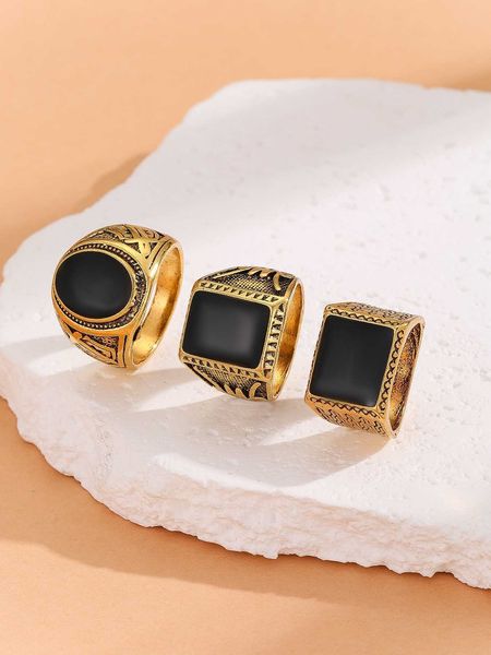 

3pcs zinc alloy simple vintage black oval square rectangle shape ring set for men's daily decoration, Silver