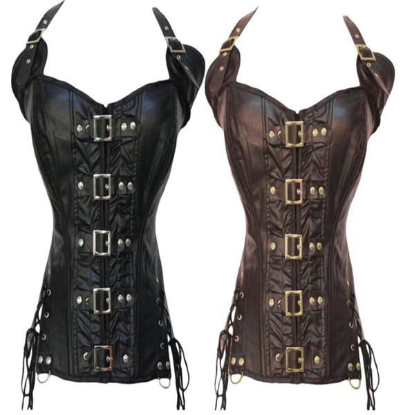 

gothic faux leather steampunk corset straps lingerie waist cincher bustier push up clubwear costume s2xl9980786, Black;white