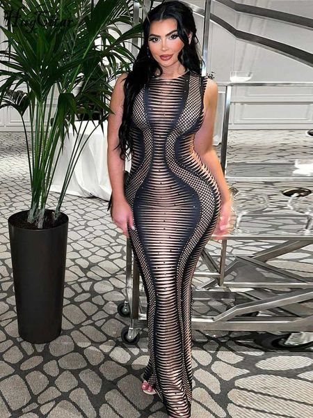 

urban dresses hugcitar striped print o neck sleeveless backless slit maxi dress 2022 summer bodycon outfits streetwear night party club l230, White;black
