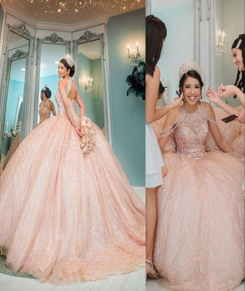 

2022 bling rose gold blush pink sequined lace quinceanera dresses high neck crystal beading off shoulder ball gown vestidos d1346003, Blue;red