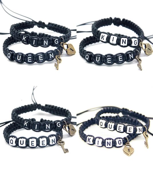 

2pcspair couple bracelets cool black king and queen with key lock rope chains lovers gifts handmade charm bracelets accessories1131074, Golden;silver