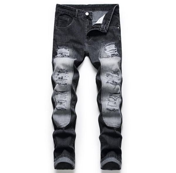 

european american style hole jeans men patchwork ripped straight slim full length denim retro trousers male wild3345796, Blue