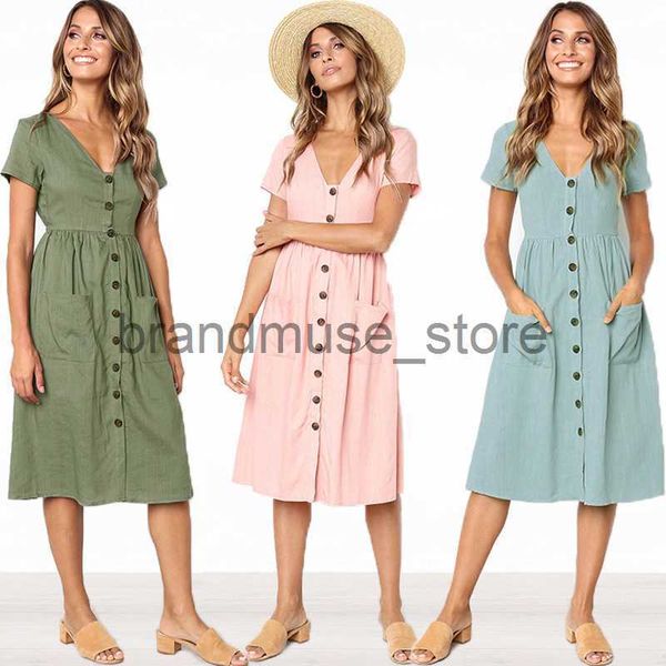 

basic casual dresses green blue a line casual dresses women summer dress 2021vintage short sleeve robe for ladies buttons v neck midi vestid, Black;gray