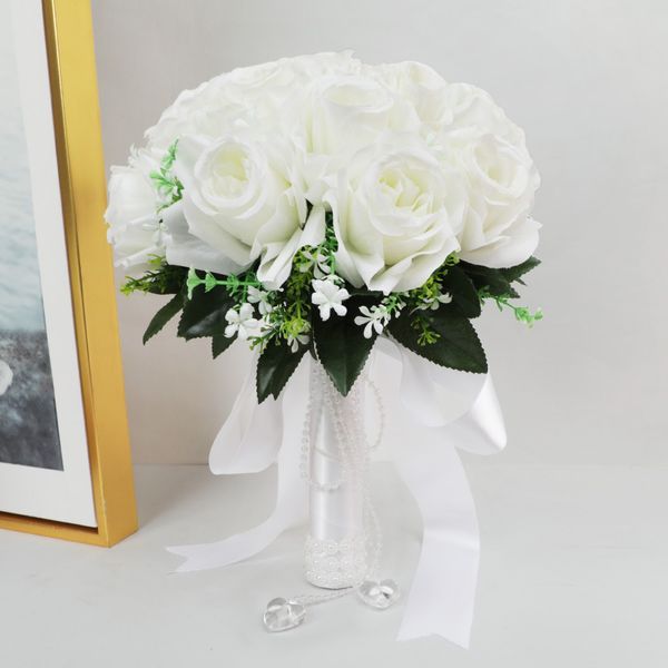 

romantic wedding bouquet bride bridesmaid wedding decoration foam flowers rose bridal bouquet white satin