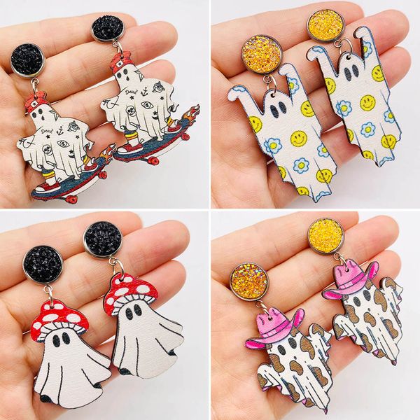 

new halloween thanksgiving earrings retro style ghost pulley wooden earrings cross border festival jewelry in europe and america, Silver