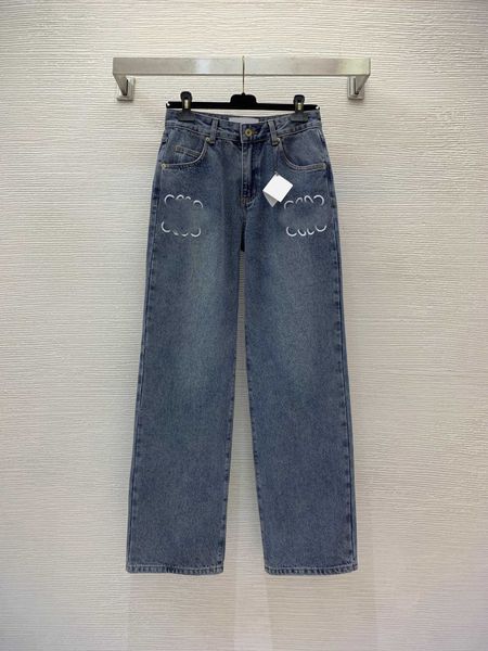 

23ss womens pants denim jeans designer women jeans heavy industry hardware embroidery logo medium high waist straight tube wide leg denim pa, Blue