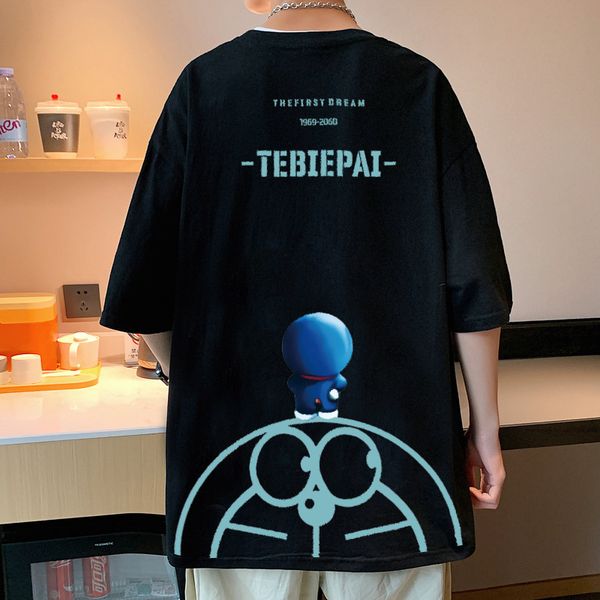 

2023 summer new hong kong style trend dola a dream blue fat cartoon half sleeve loose clothing men's t, White;black