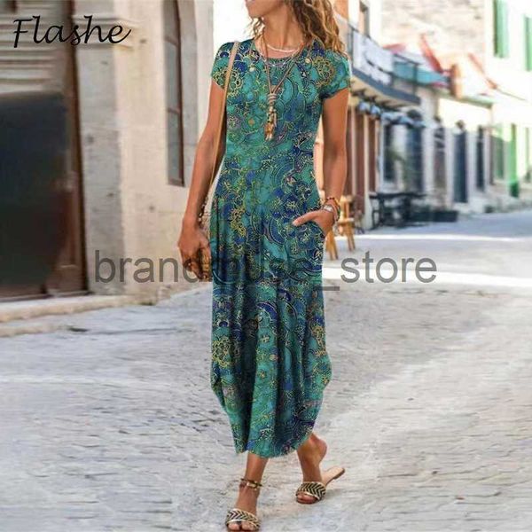 

basic casual dresses new vintage party dresses for women floral print short sleeve summer dress women sundress pocket beach long dress boho, Black;gray