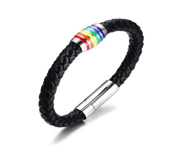 

8mm lgbt rainbow braided leather bracelet with stainless steel magnet clasp 215cm length7359715, Golden;silver