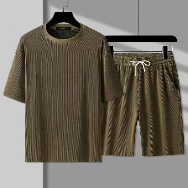 

mens tracksuits pleated ice silk sports summer casual fashion brand short sleeve tshirt and shorts handsome two piece sets 230710, Gray