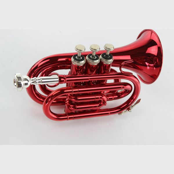 

bb b flat pocket trumpet, palm trumpet instrument with hard case, mouthpiece, cloth and gloves, red
