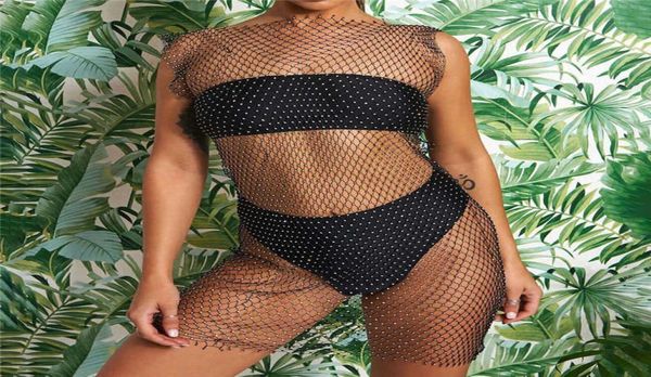 

shiny diamond see through mini dress o neck fishnet grid hollow out sleevel254q2936069, White;black