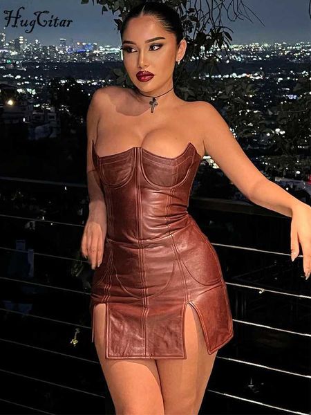 

urban dresses hugcitar leather solid strapless slit zip up elegant slim mini prom dress 2022 autumn women wedding party club y2k clothes l23, White;black