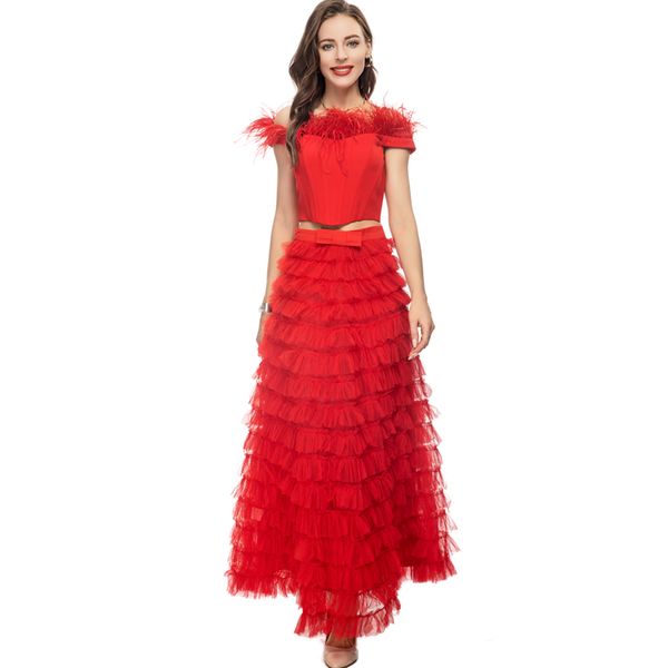 

women's runway designer three piece dress slash neckline short sleeves feathers blouse with tiered ruffles skirt fashion twinset sets, White