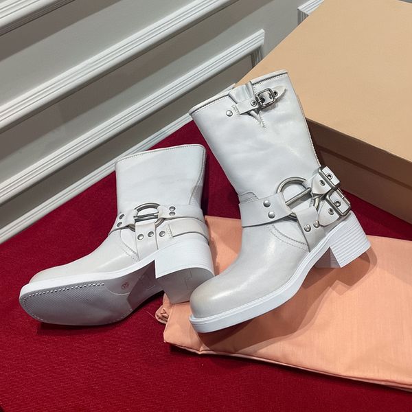 

genuine leather thick heeled martin boots autumn and winter belt buckle high barrel square head motorcycle rider womens boots luxurious desi, Black