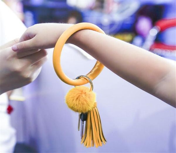 

fashion tassel bracelet keychain big circle pu leather bangle with pompom ball prevent loss keyrings keychains t4382955724, Slivery;golden