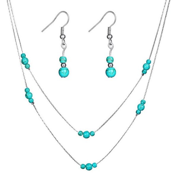 

earring necklace jewelry sets turquoise beads earring two layers turquoise beads necklace gold silver color plated metal chain3838151