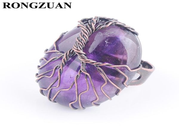 

antique rings for women finger jewelry natural stone amethyst oval bead copper wire wrapped tree of life adjustable ring party gif4375885, Golden;silver