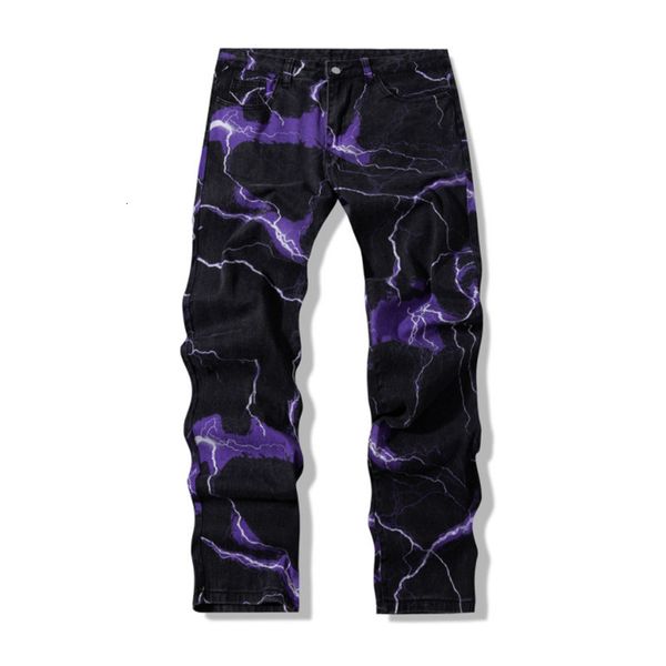 

men's jeans vibe style lightning print tie dye men's straight y2k jeans trousers hip hop vintage japanese women's jeans rope, Blue