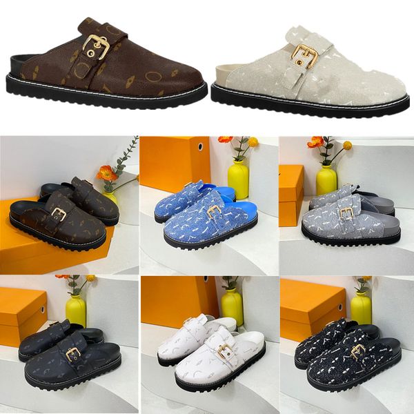 

designer cosy comfort flat bottom womens sandals fashion leather denim buckle booties moccasins scaffs outdoor beach slippers, Black