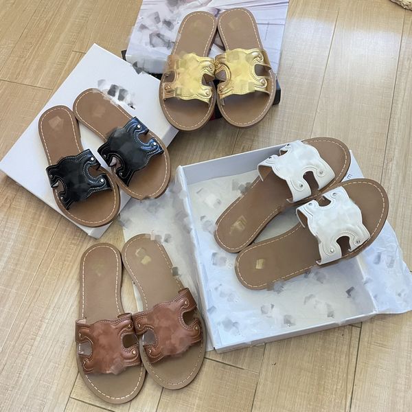 

ce flat lins slides slippers microfiber pu leather sandals triomphe embossed open toes luxury designer for women holiday flats sandal factor, Black