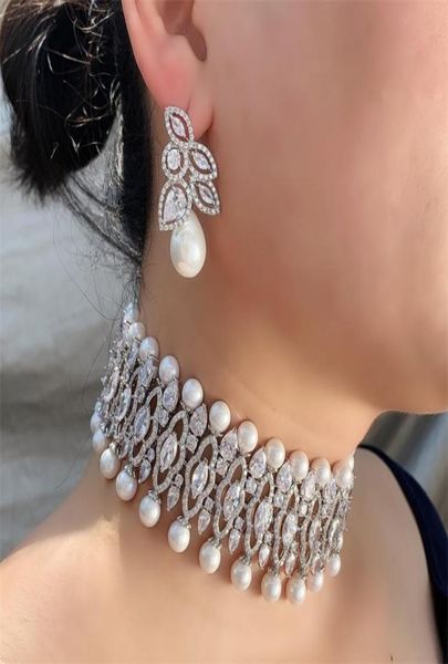 

janekelly clear white pearl dubai jewellery indian bridal wedding choker jewelry sets for women punk hiphop rock jewellery t2005079669924, Slivery;golden