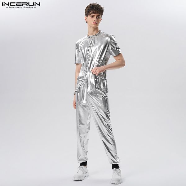 

men's tracksuits fashion men sets patchwork shiny o-neck short sleeve lace up t shirt pants two pieces sets summer men suits s-5xl ince, Gray