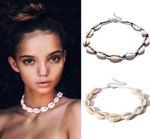 

10pcslot new hawaiian fashion white black rope chain necklaces for women vintage handmade shell clavicle necklaces beach jewelry 1321316, Silver