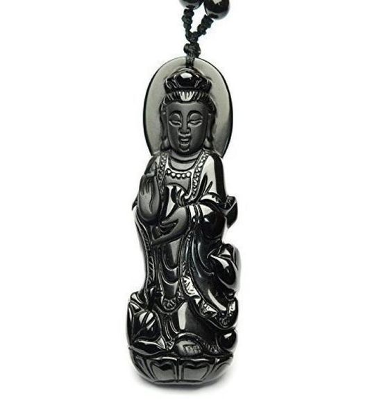 

fine jewelry hand carved natural genuine obsidian kwanyin goddess bodhisattva buddha pendant necklace 4980271, Silver