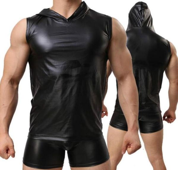 

men039s tank men fetish faux leather hooded vest and boxer male black underwear erotic undershirts lingerie clubwear1596308, White;black