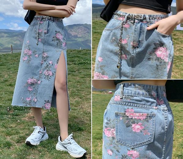 

vintage flower print women039s long denim skirt summer harajuku high waist side split jeans korean streetwear straight ski5059804, Black
