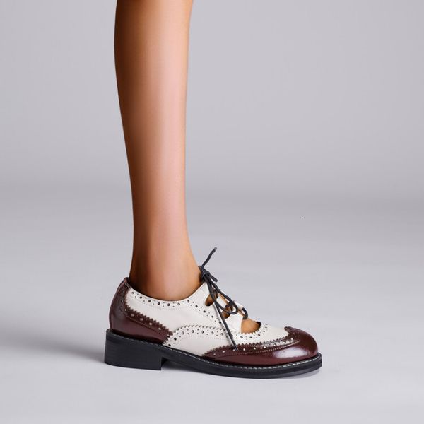

dress shoe genuine leather oxford shoes round toe black white lady lace up brogues loafers casual for women 2023 230710