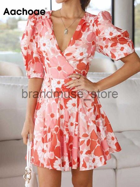 

basic casual dresses aachoae summer women elegant floral printed mini dresses fashion v neck puff short sleeve a line dresses ladies slim dr, Black;gray