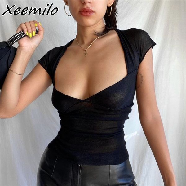 

women's t-shirt xeemilo square-neck backless black t-shirt y2k aesthetic mesh sheer hollow out crop summer streetwear short sleeve tees, White