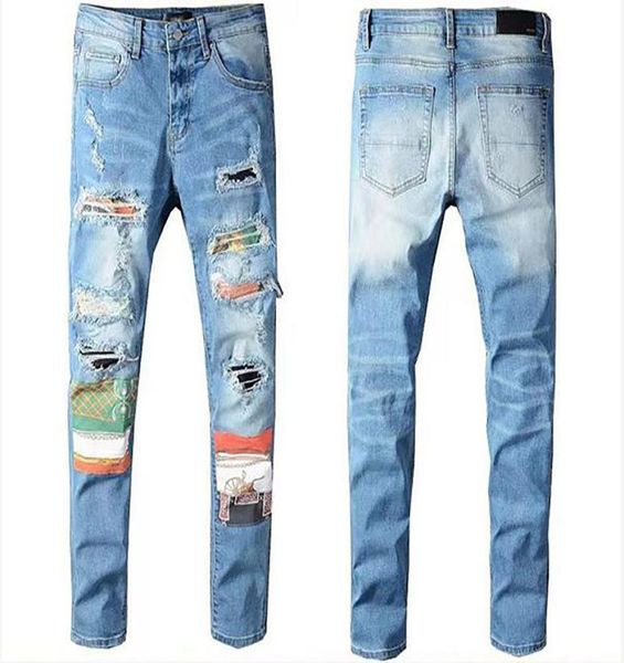 

designer new technology mens jeans leisure trend hip hop high street worns out and worn washed splash ink painted trousers highqu9855682, Blue
